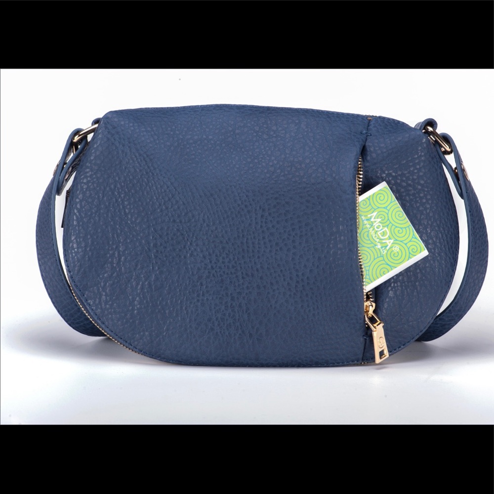 🔥🆕 Navy "The Banker Bag" MoDA Fashion Expandable Circular Hobo Handbag - Picture 1 of 3